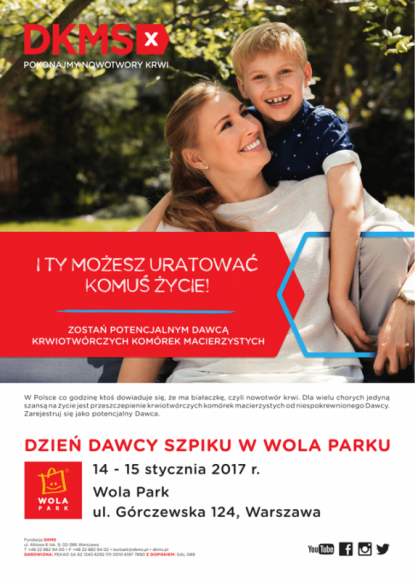 Dni Dawcy Szpiku i zbiórka dla WOŚP w Wola Parku Styl życia, LIFESTYLE - 14 i 15 stycznia w Wola Parku odbędą się dwie akcje, podczas których odwiedzający Centrum będą mieli okazję pomóc potrzebującym. Na Placu Pałacowym będą na nich czekali wolontariusze Fundacji DKMS oraz Fundacji „Daj mi czas”.