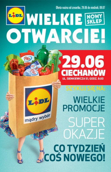 OTWARCIE PIERWSZEGO SKLEPU LIDL W CIECHANOWIE Styl życia, LIFESTYLE - Już 29 czerwca o godzinie 8:00 przy ul. Sienkiewicza 51 otwarty zostanie pierwszy sklep sieci Lidl w Ciechanowie.