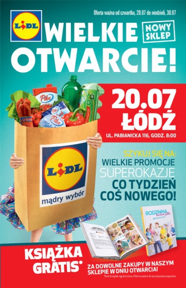 NOWY SKLEP LIDL W ŁODZI Styl życia, LIFESTYLE - Już 20 lipca o godzinie 8:00 przy ul. Pabianickiej 116 otwarty zostanie piętnasty sklep sieci Lidl w Łodzi. Z okazji otwarcia zapraszamy do udziału w specjalnie przygotowanych atrakcjach oraz na zakupy w promocyjnych cenach.