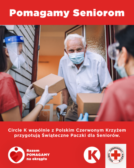Circle K wraz z PCK kontynuują akcję wspierania seniorów Problemy społeczne, BIZNES - Circle K wspólnie z Polskim Czerwonym Krzyżem wspiera seniorów w całej Polsce przekazując świąteczne paczki. Na wsparcie akcji, Circle K przekaże aż 20% całkowitego zysku ze sprzedaży w sklepie na stacjach własnych, w okresie od 1 do 21 grudnia b.r.