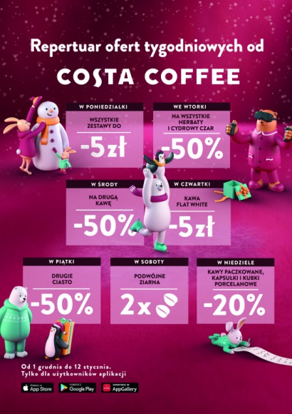 Repertuar Ofert Tygodniowych pełen wyjątkowych smaków Costa Coffee Styl życia, LIFESTYLE - Już od 1 grudnia, sieć kawiarni Costa Coffee zaprasza do odkrycia wyjątkowych produktów z "Repertuaru Ofert Tygodniowych”, pełnego bestsellerowych smaków w atrakcyjnych rabatach